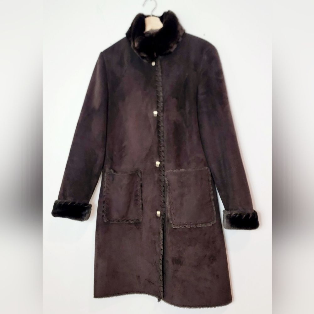 Dana Buchman Brown 100% Fur Trim WARM Faux Suede Shearling Coat Size  M